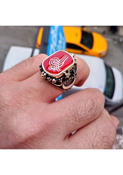 925 Ayar Gümüş Çift Taraflı Osmanlı Tuğralı ve Ay Yıldız Işlemeli Erkek Yüzük fırsatları