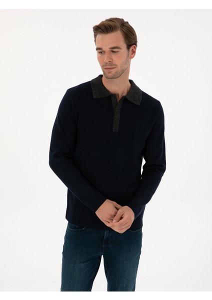 Erkek Lacivert Regular Fit Yün Karışımlı Polo Yaka Triko Kazak 50310555-VR033