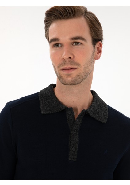 Erkek Lacivert Regular Fit Yün Karışımlı Polo Yaka Triko Kazak 50310555-VR033 fiyatları