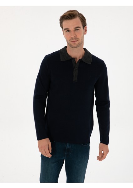 Erkek Lacivert Regular Fit Yün Karışımlı Polo Yaka Triko Kazak 50310555-VR033 modelleri
