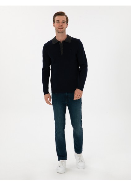 Erkek Lacivert Regular Fit Yün Karışımlı Polo Yaka Triko Kazak 50310555-VR033 fırsatları