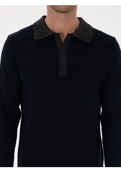 Erkek Lacivert Regular Fit Yün Karışımlı Polo Yaka Triko Kazak 50310555-VR033