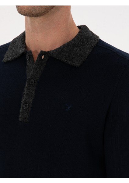 Erkek Lacivert Regular Fit Yün Karışımlı Polo Yaka Triko Kazak 50310555-VR033