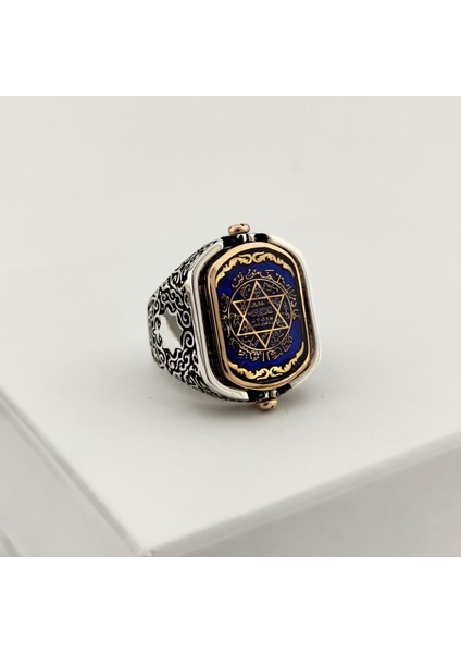 925 Ayar Gümüş Mavi Mineli Çift Taraflı Mührü Süleyman Erkek Yüzük