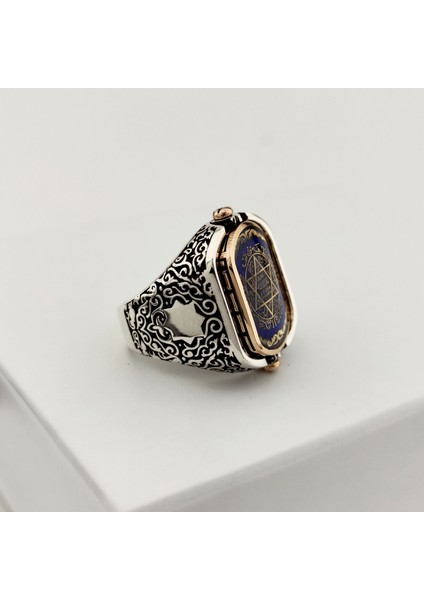 925 Ayar Gümüş Mavi Mineli Çift Taraflı Mührü Süleyman Erkek Yüzük fiyatları