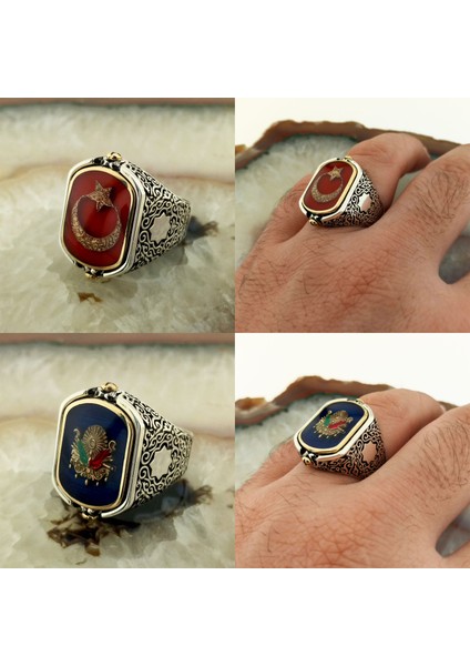 925 Ayar Gümüş Çift Taraflı Ay Yıldız ve Osmanlı Arması Erkek Yüzük