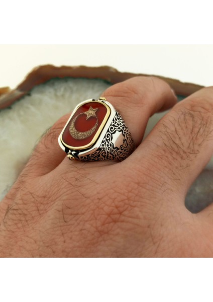 925 Ayar Gümüş Çift Taraflı Ay Yıldız ve Osmanlı Arması Erkek Yüzük indirimleri