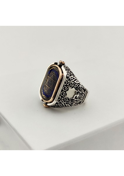 925 Ayar Gümüş Mavi Mineli Çift Taraflı Mührü Süleyman Erkek Yüzük fırsatları