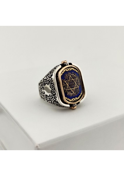 925 Ayar Gümüş Mavi Mineli Çift Taraflı Mührü Süleyman Erkek Yüzük indirimleri