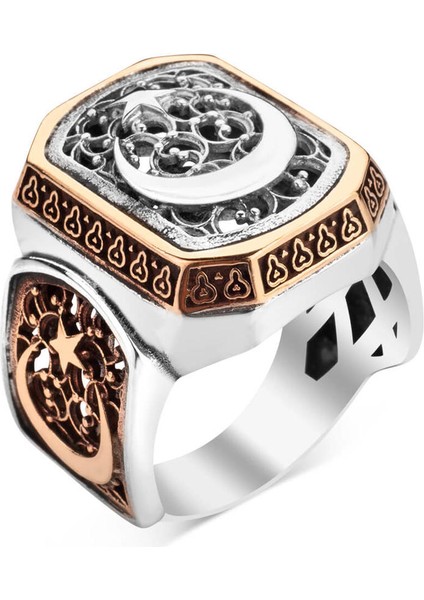 925 Ayar Gümüş Telkari Işlemeli Ay Yıldız Erkek Yüzük fırsatları