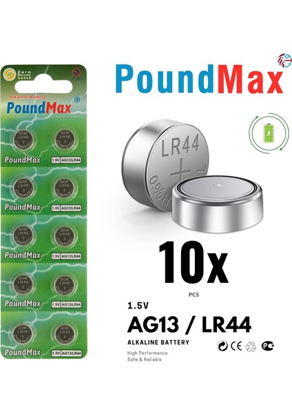 10 Adet LR44 AG13 A76, G13, L1154, SR44, G13A 1,5 V Poundmax Alkalin Düğme Pil Paketi Cıva Içermeyen, Sızdırmaz, Uzun Raf Ömrü, Oyuncaklar, Ölçüm Cihazları ve Hesap Makineleri Için ile Uyumludur
