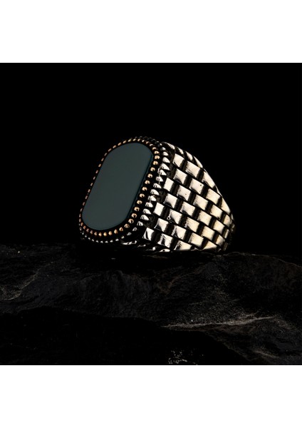 925 Ayar Gümüş Yeşil Akik Taşlı Saat Kordonu Model Erkek Yüzük