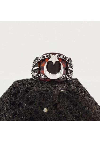 Ay Yıldız Akik Taşlı Gümüş Erkek Yüzük