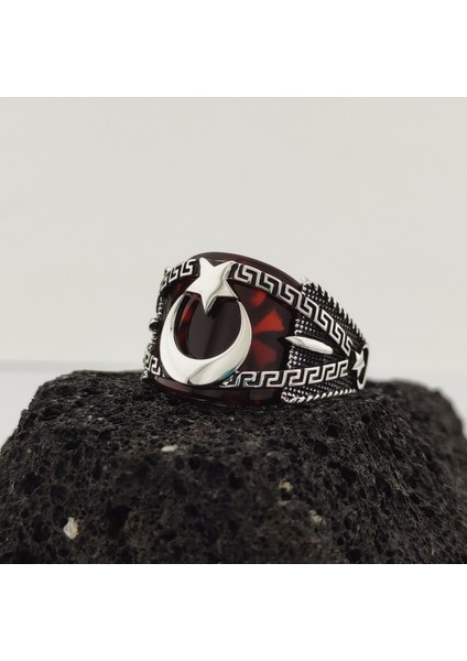 Ay Yıldız Akik Taşlı Gümüş Erkek Yüzük fiyatları