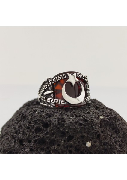 Ay Yıldız Akik Taşlı Gümüş Erkek Yüzük modelleri