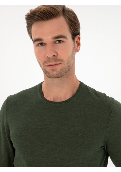 Erkek Haki Slim Fit Yün Karışımlı Bisiklet Yaka Basic Triko Kazak 50315266-VR027 fiyatları