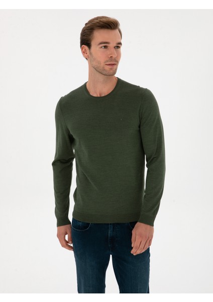 Erkek Haki Slim Fit Yün Karışımlı Bisiklet Yaka Basic Triko Kazak 50315266-VR027 modelleri