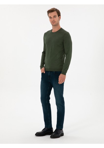 Erkek Haki Slim Fit Yün Karışımlı Bisiklet Yaka Basic Triko Kazak 50315266-VR027 fırsatları