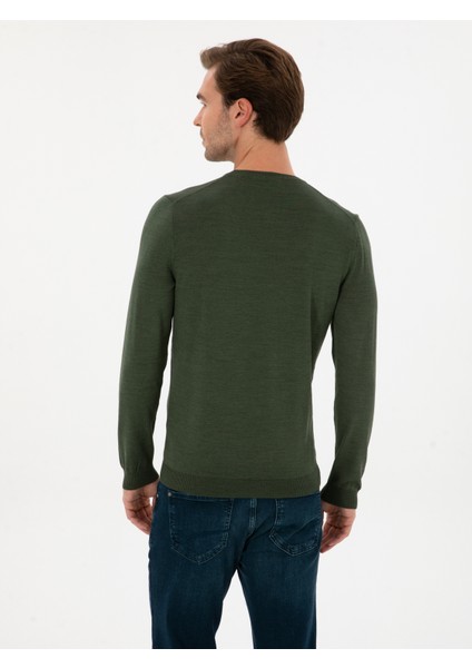 Erkek Haki Slim Fit Yün Karışımlı Bisiklet Yaka Basic Triko Kazak 50315266-VR027 indirimleri