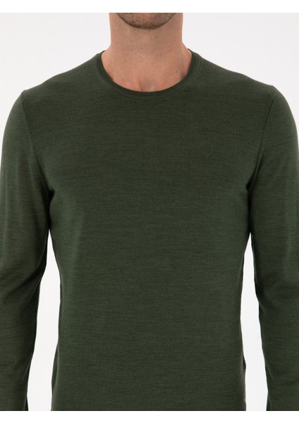 Erkek Haki Slim Fit Yün Karışımlı Bisiklet Yaka Basic Triko Kazak 50315266-VR027