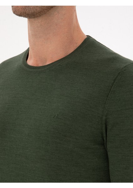 Erkek Haki Slim Fit Yün Karışımlı Bisiklet Yaka Basic Triko Kazak 50315266-VR027