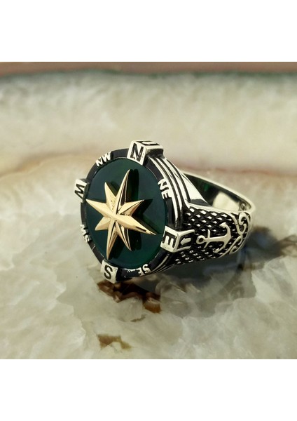 925 Ayar Gümüş Yeşil Akik Taşlı Pusula Yüzük
