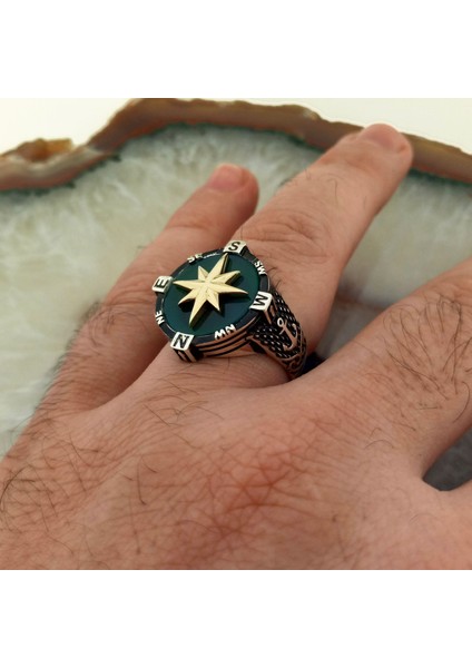 925 Ayar Gümüş Yeşil Akik Taşlı Pusula Yüzük fiyatları