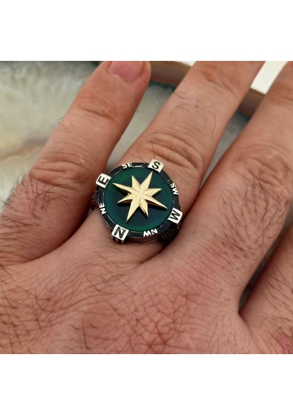 925 Ayar Gümüş Yeşil Akik Taşlı Pusula Yüzük modelleri
