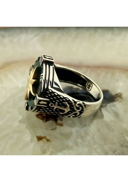 925 Ayar Gümüş Yeşil Akik Taşlı Pusula Yüzük fırsatları