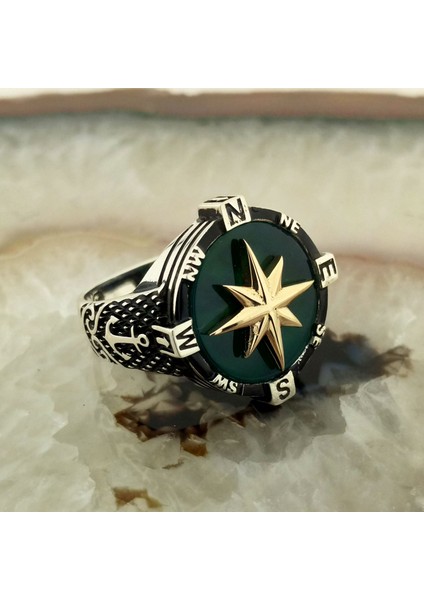 925 Ayar Gümüş Yeşil Akik Taşlı Pusula Yüzük indirimleri