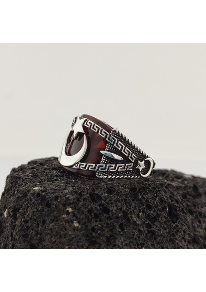 Ay Yıldız Akik Taşlı Gümüş Erkek Yüzük fırsatları