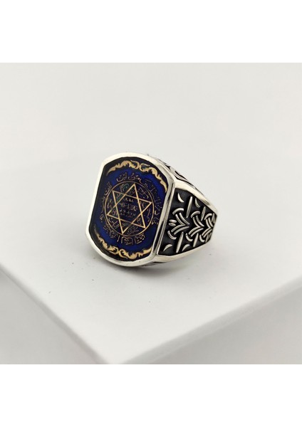 925 Ayar Gümüş Mavi Mineli Hasır Desenli Mührü Süleyman Erkek Yüzük