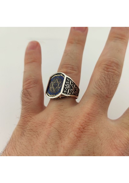 925 Ayar Gümüş Mavi Mineli Hasır Desenli Mührü Süleyman Erkek Yüzük fiyatları