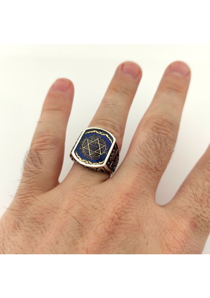 925 Ayar Gümüş Mavi Mineli Hasır Desenli Mührü Süleyman Erkek Yüzük modelleri