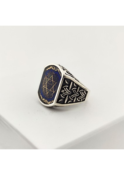 925 Ayar Gümüş Mavi Mineli Hasır Desenli Mührü Süleyman Erkek Yüzük fırsatları
