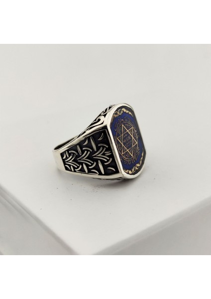 925 Ayar Gümüş Mavi Mineli Hasır Desenli Mührü Süleyman Erkek Yüzük indirimleri