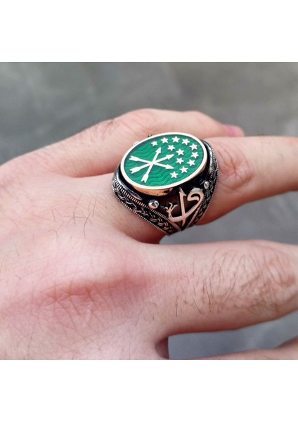 925 Ayar Gümüş Elif Vav Işlemeli Çerkez Bayrağı Motifli Erkek Yüzük fiyatları