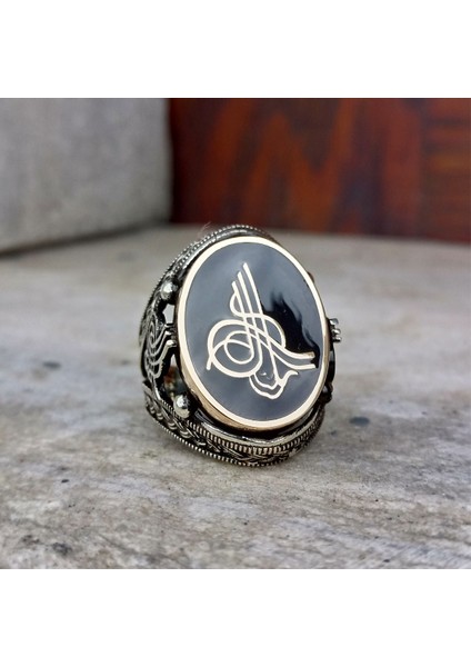 925 Ayar Gümüş Siyah Mineli Osmanlı Tuğralı Erkek Yüzük