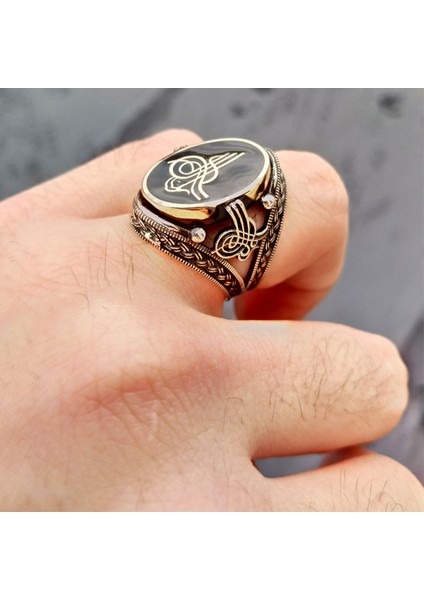 925 Ayar Gümüş Siyah Mineli Osmanlı Tuğralı Erkek Yüzük fiyatları