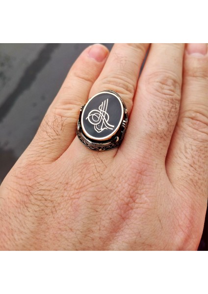 925 Ayar Gümüş Siyah Mineli Osmanlı Tuğralı Erkek Yüzük modelleri