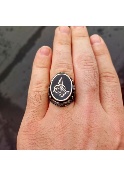 925 Ayar Gümüş Siyah Mineli Osmanlı Tuğralı Erkek Yüzük fırsatları