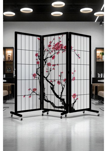 Siyah Japon Sakura Ağacı Tekerlekli Ahşap Paravan Seperatör Oda Bölme