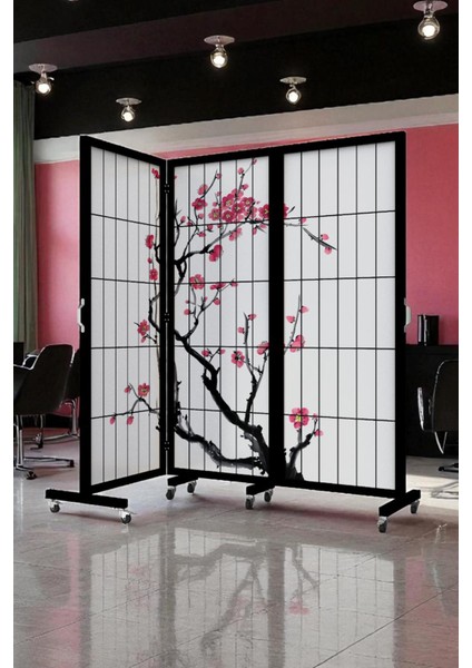 Siyah Japon Sakura Ağacı Tekerlekli Ahşap Paravan Seperatör Oda Bölme modelleri