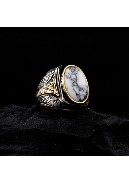 925 Ayar Gümüş Mermer Desenli Beyaz Taşlı Erkek Yüzük – Özel Tasarım Vintage Model fiyatları