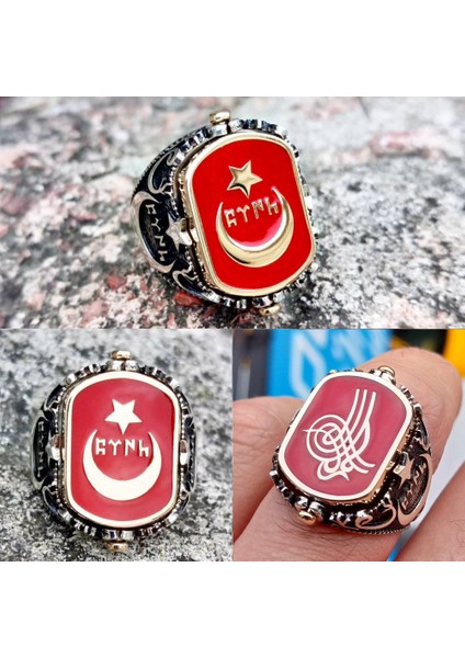 925 Ayar Gümüş Gök Türkçe Türk Yazılı Ay Yıldız ve Osmanlı Tuğrası Çift Taraflı Erkek Yüzük
