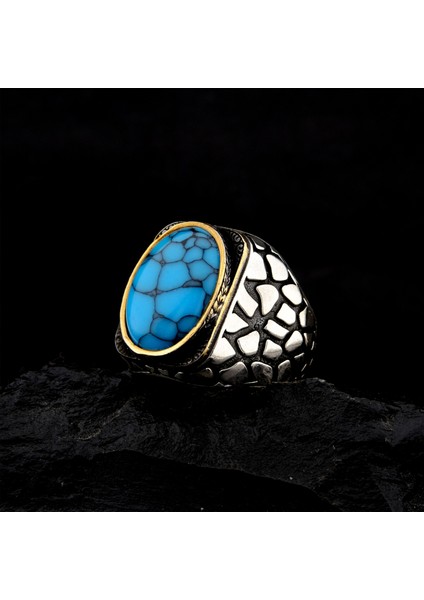925 Ayar Gümüş Turkuaz Taşlı Duvar Desenli Erkek Yüzük