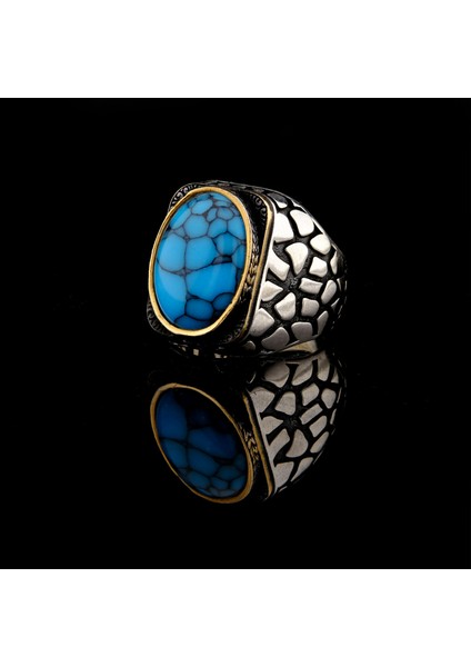925 Ayar Gümüş Turkuaz Taşlı Duvar Desenli Erkek Yüzük fiyatları