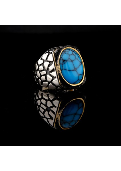 925 Ayar Gümüş Turkuaz Taşlı Duvar Desenli Erkek Yüzük modelleri