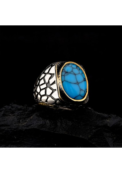 925 Ayar Gümüş Turkuaz Taşlı Duvar Desenli Erkek Yüzük fırsatları