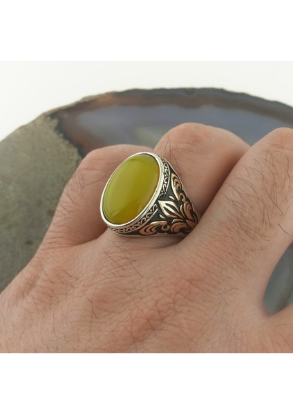 925 Ayar Gümüş Sarı Taşlı Zambak Işlemeli Erkek Yüzük fiyatları